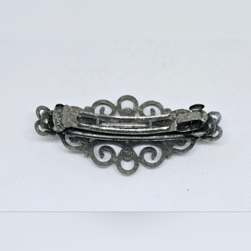Vintage Dark Silver Filigree Rhinestone Hair Barrette Victorian - Picture 4 of 5